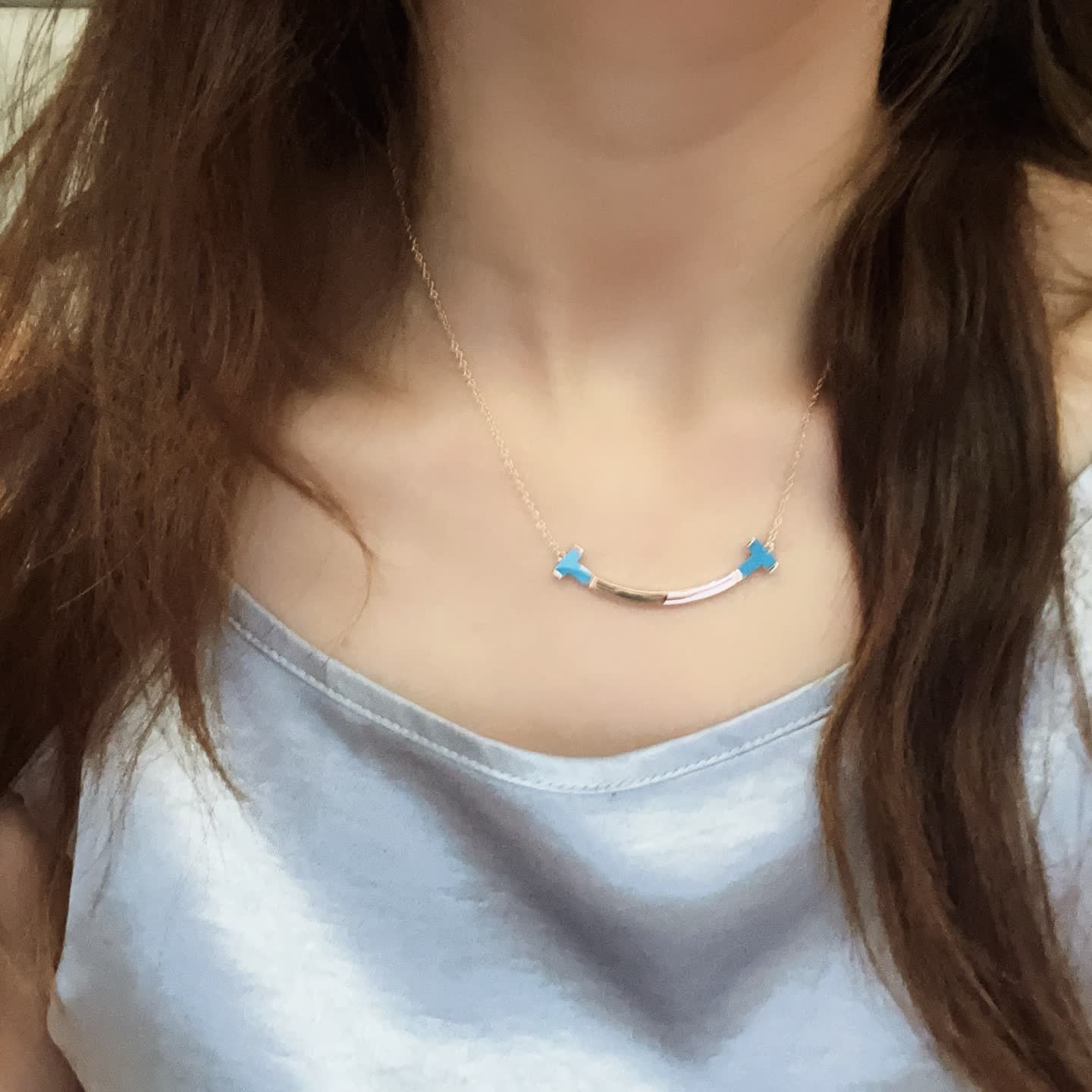 Tiffany & Co Blue Enamel Smile Bar Necklace